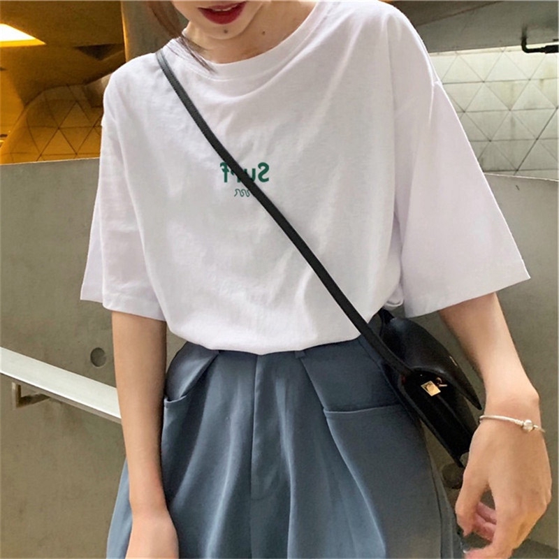 Áo Thun Ngắn Tay Dáng Rộng In Chữ Đơn Giản Cho Nữ