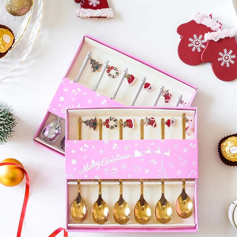 Cute Stainless Steel Christmas Spoons/ Xmas Gifts Party Coffee Spoon with Christmas Pendant/ Christmas Ornaments Coffee Spoon/ Christmas Decorations Gift