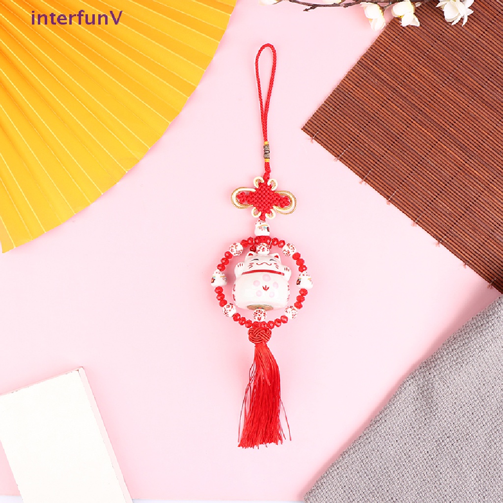 Mặt Dây Chuyền Gốm Sứ Hình Mèo May Mắn Nhật Bản Phối Tua Rua Dài Gắn Gương Chiếu Hậu Xe Hơi [Mới