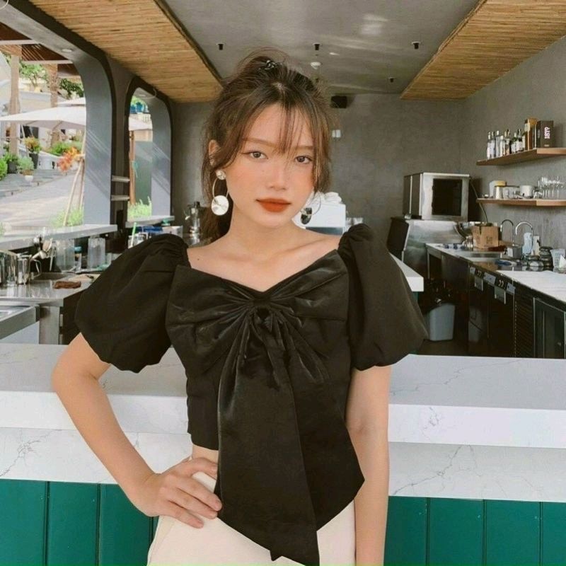 Áo sơ mi ngắn tay phồng đính nơ to (A15&amp;PC)