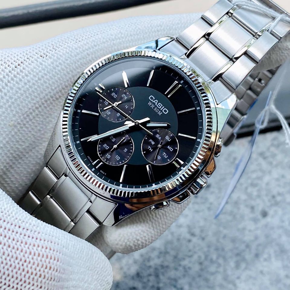 Đồng hồ Nam Casio MTP-1375D-1AV, đồng hồ chính hãng, dây bạc mặt đen kiểu dáng thể thao chạy 6 kim