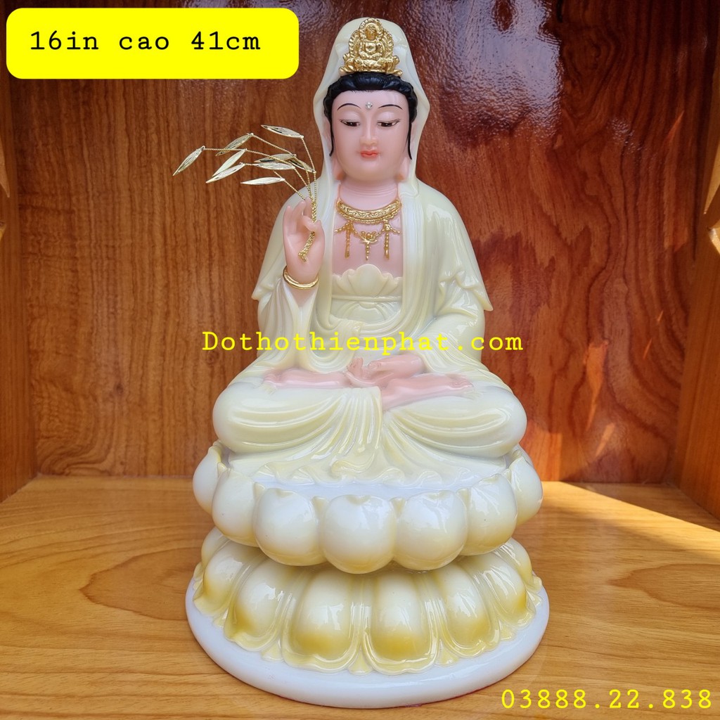 Tượng Quan Âm đá màu vàng 16in cao 41cm mẫu mới