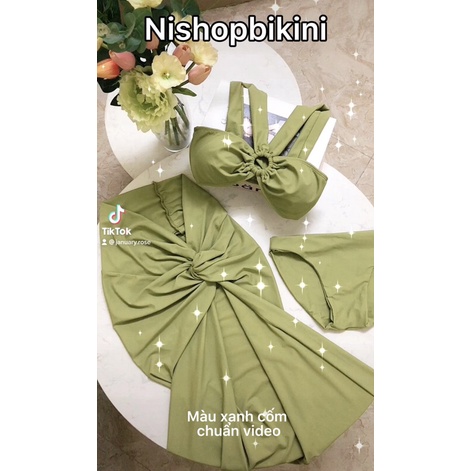 Set 3 bikini Hồ Ngọc Hà xanh cốm hottrend kèm áo váy choàng khoác ngoài SET08