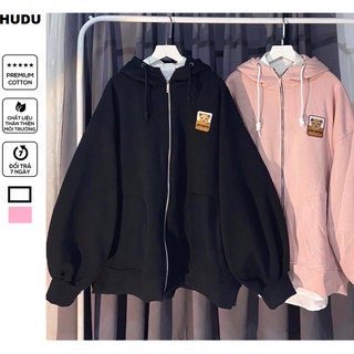 Áo khoác hoodie khóa kéo form rộng nam nữ thêu gấu , áo hoodie unisex màu đen thêu gấu