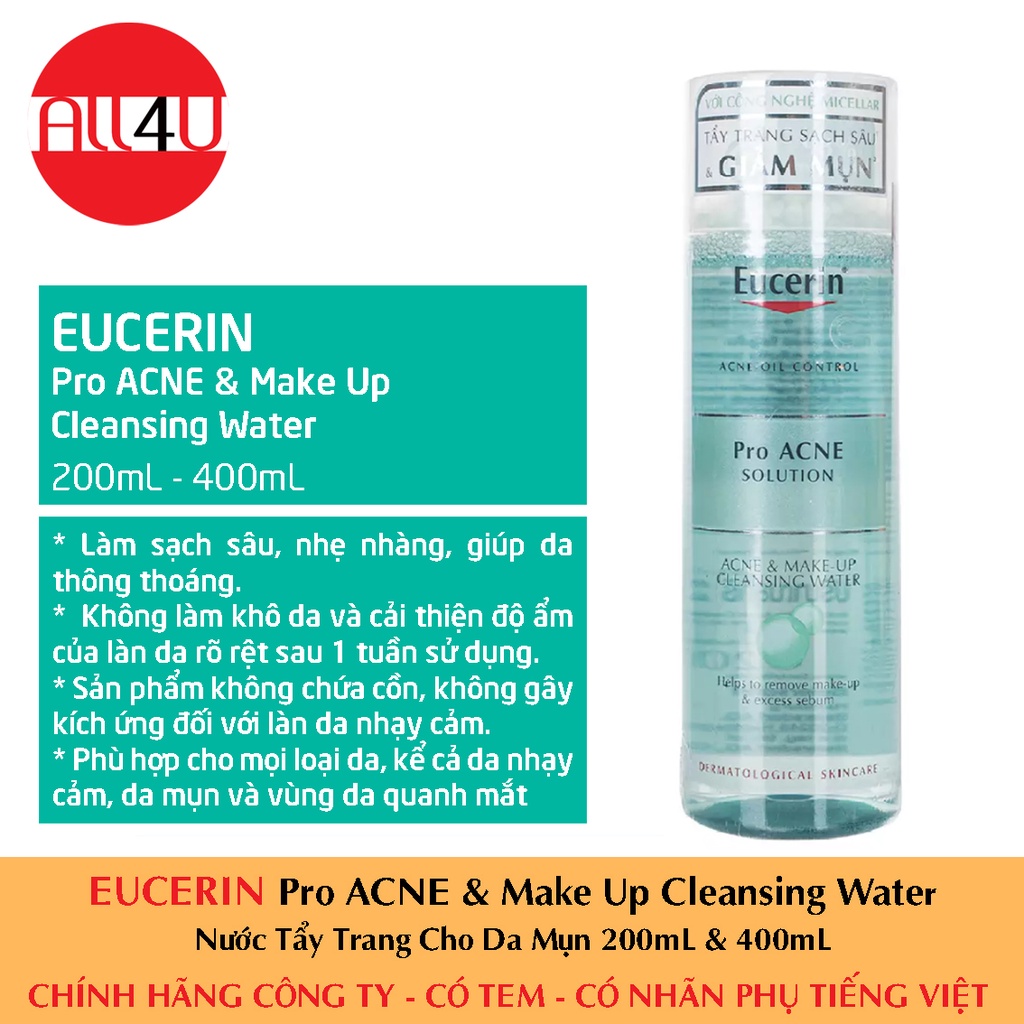 [CHÍNH HÃNG CÓ TEM] EUCERIN Pro Acne & Make Up Cleansing Water 200mL & 400mL - Nước Tẩy Trang Dành Cho Da Mụn