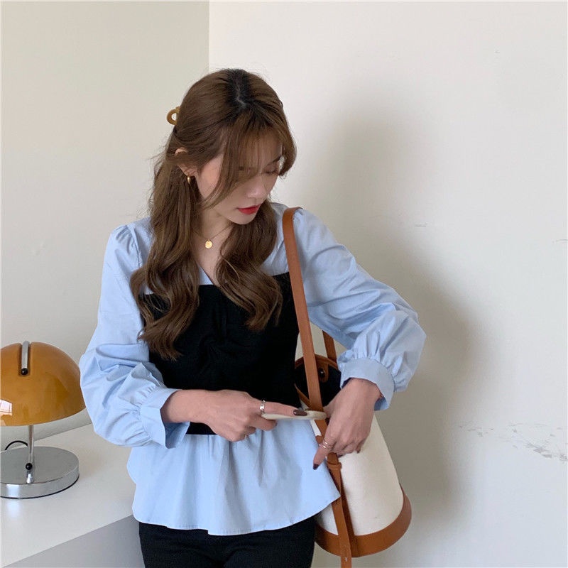 Áo Sơ Mi Tay Dài Giả Hai Lớp Phối Màu Tương Phản Thời Trang 2022 Cho Nữ