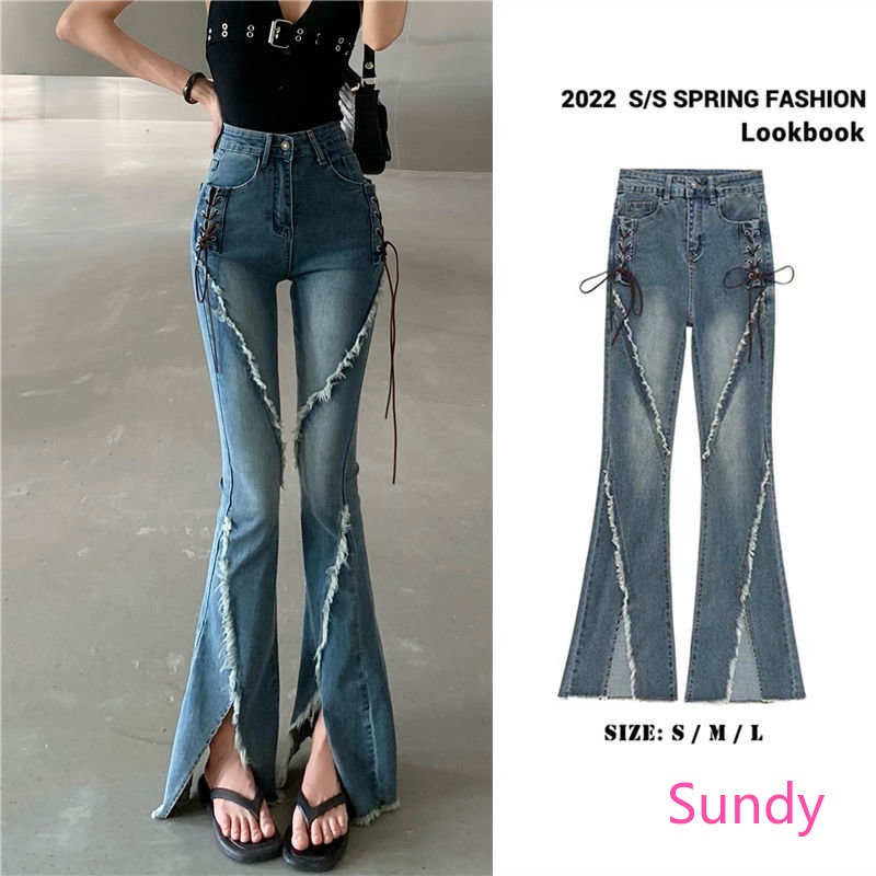 Quần Jeans Nữ Dài Ống Loe Xẻ Tà Thời Trang