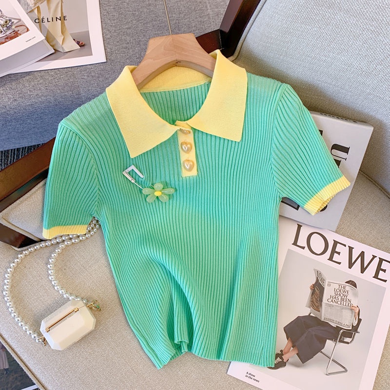 Áo polo Dệt Kim Tay Ngắn Màu Xanh Lá Thời Trang Mùa Hè Cho Nữ