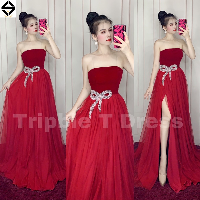 Đầm maxi dự tiệc cúp xẻ đùi kết cườm nơ lấp lánh eo TRIPBLE T DRESS - size S/M/L - MS204Y