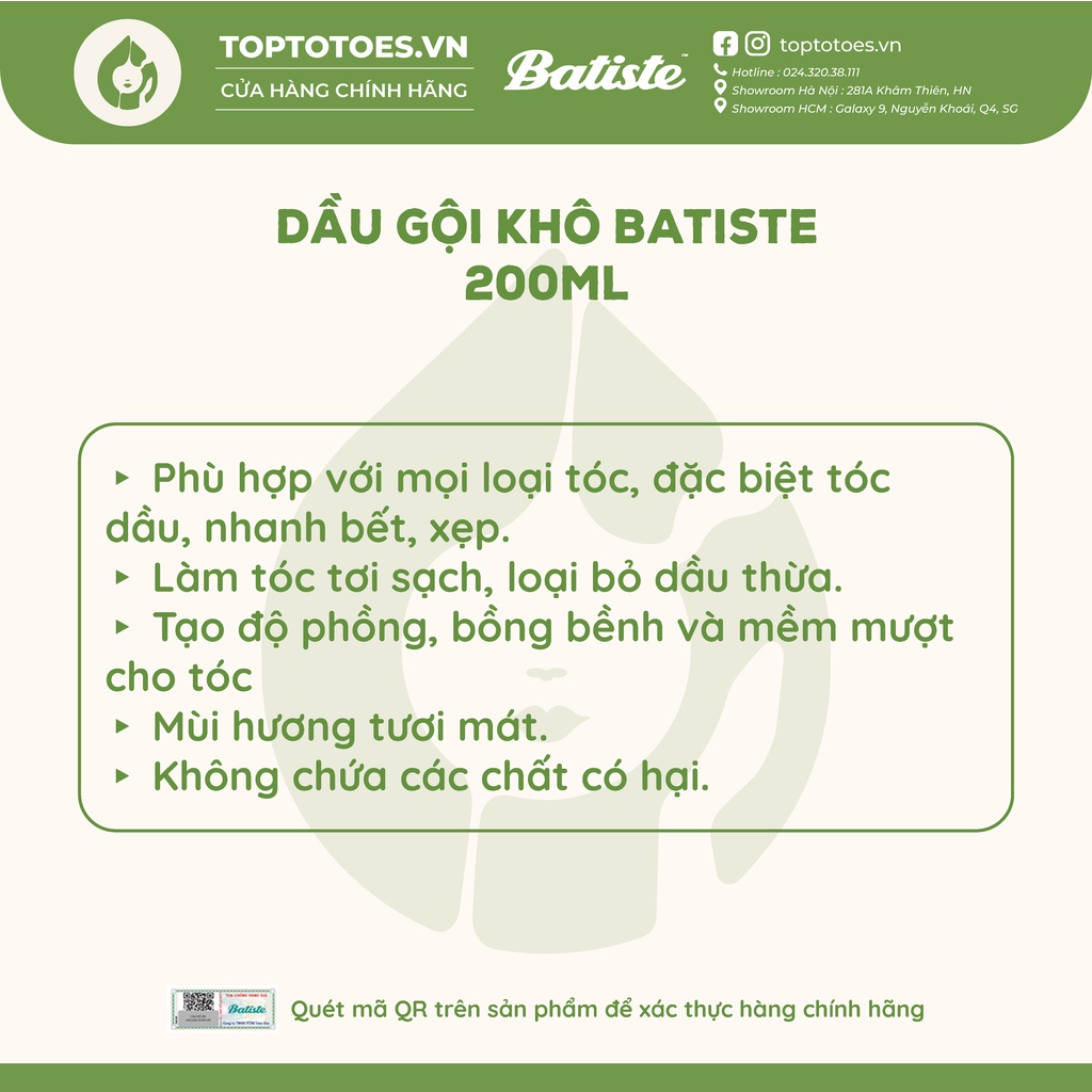 Dầu gội khô Batiste Dry Shampoo 200ml [NHẬP KHẨU CHÍNH HÃNG 100%]