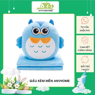 Gối mền 3 trong 1 hình Cú xanh (Bộ chăn gối văn phòng hình thú - Gấu bông hình cú -Gấu bông có chăn -Cú có mền) ANVIHOME