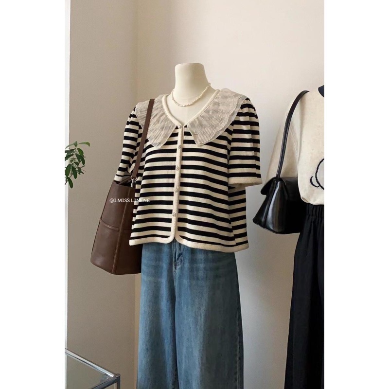 Áo Cardigan Ngắn Tay Cổ Bẻ Kẻ Sọc Mùa Hè Tươi Mới Cho Bé Gái