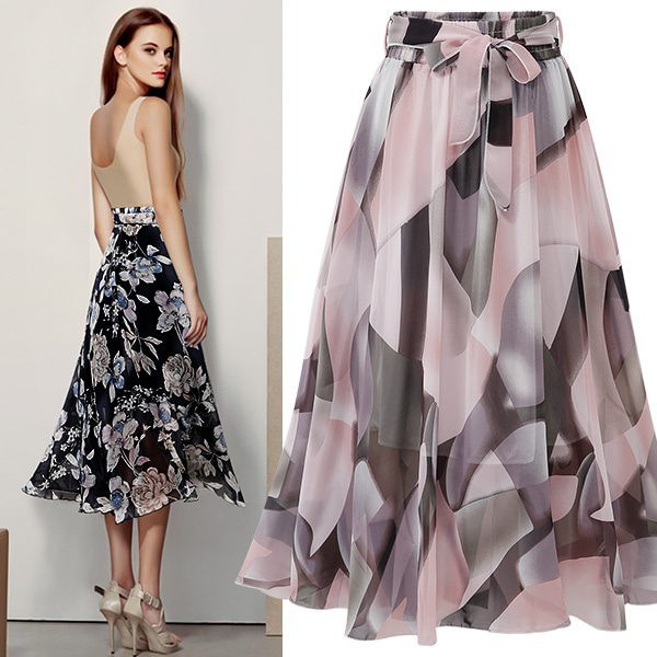 Summer High Waist Chiffon Floral-print Plus Size A-line Midi Skirt