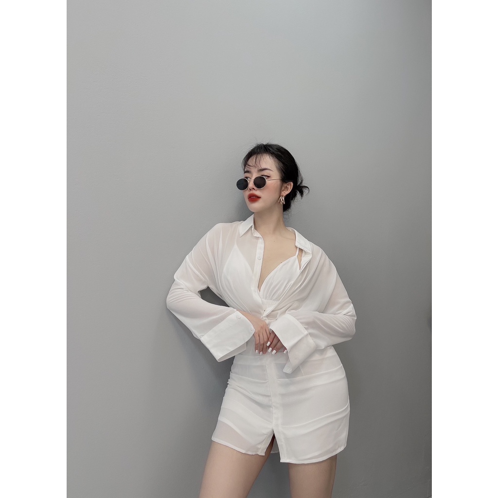 Set váy sơ mi body dài tay không kèm bra, chất voan có 2 màu