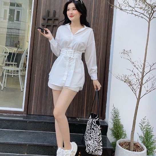 set đồ nữ sang chảnh cá tính mix áo sơ mi kèm đai bản to lồng dây và quần đùi trẻ trung