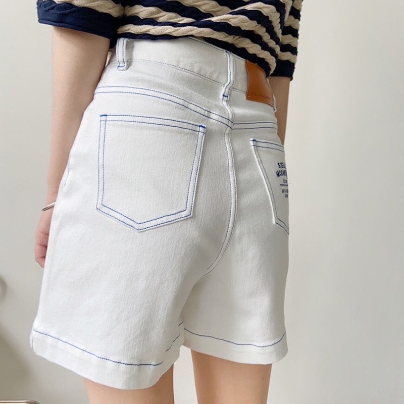 Quần short denim cạp cao ống rộng in chữ phong cách mùa hè cho nữ