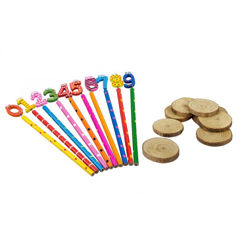 30 Pcs Wood Log Slices Discs 3-4CM for DIY Crafts Wedding Centerpieces & 10 Pcs Cute Wooden Number 0-9 Pencils for Kids-Random Pattern