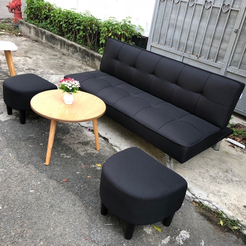 Sofa Bed - Sô pha Giường bọc vải bố màu đen có bàn và ghế đôn - Ghế sô pha xuất khẩu