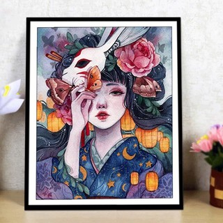 [ Ảnh thật ] MRW0575 Tranh thêu chữ thập chỉ lụa cô gái hoạ sĩ minh họa