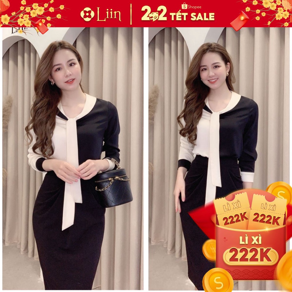 Áo sơ mi nữ dài tay chất vải Lụa Đen Phối Be cách điệu sang chảnh Liin Clothing SM3873