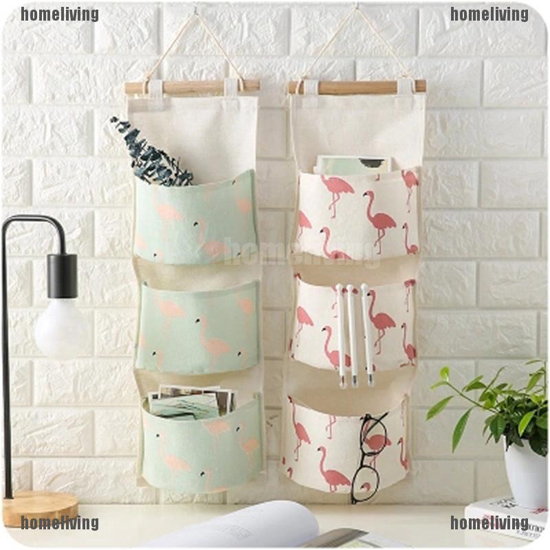 Túi treo tường bằng vải lanh cao cấp được in hình chim hồng hạc dễ thương tiện dụng 3 ngăn