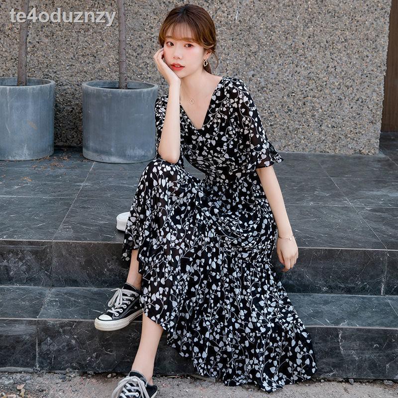 Váy hoa 2021 new chiffon in hình siêu tiên nữ thư sinh mỏng manh và gió nhẹ qua đầu gối dài