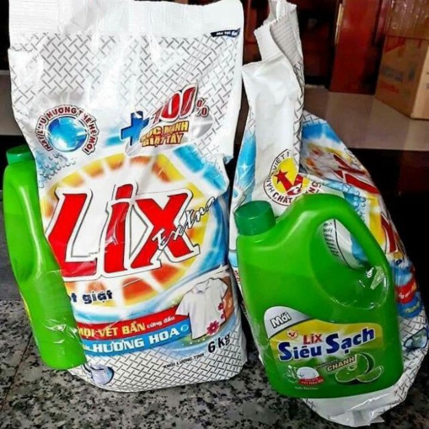 [Concung]  Bột giặt Lix 6kg tặng kèm can nước rửa chén trà xanh 1,5kg
