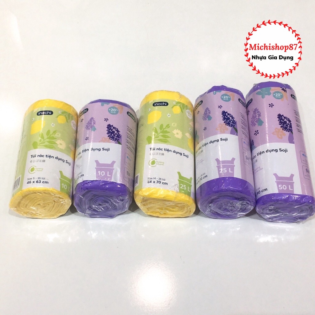 Túi Đựng Rác Sinh Học Tự Hủy Inochi, Túi Rác Hương Chanh, Hương Lavender Có Quai Tiện Dụng, Dạng Cuộn Loại 10L 25L 50L