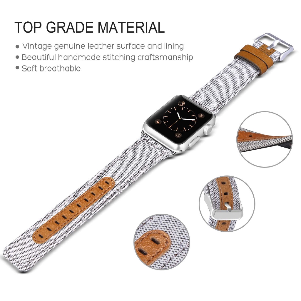 Dây đeo đồng hồ vải canvas nylon phối da cho Apple Watch Series 1 2 3 4 5 6 SE 38mm 40mm 42mm 44mm Series 7 41mm 45mm