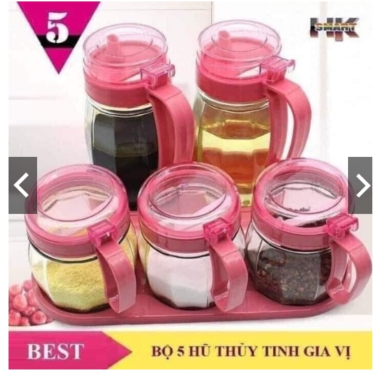 Bộ 5 lọ gia vị thủy tính nắp hồng quá tiện