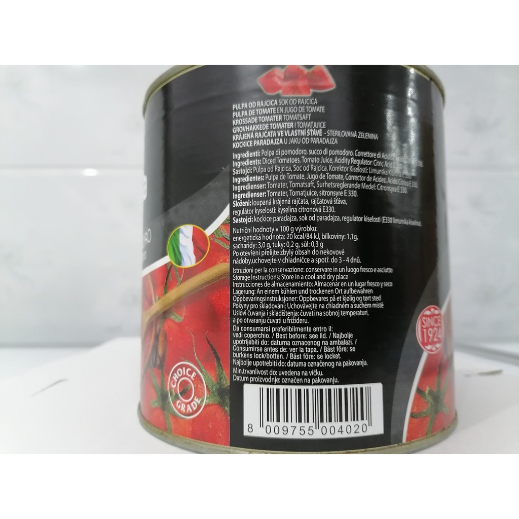 [Hộp lớn 2.55Kg – Diced (Đen)] CÀ CHUA XẮT MIẾNG [Italia] FIAMMA Diced Tomatoes (halal) (atu-hk)
