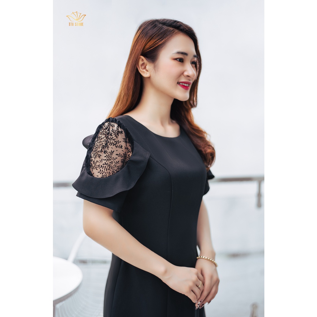 Đầm công sở form suông cao cấp thiết kế cổ tròn phối ren ống tay màu đen - TTV865 TTV Store