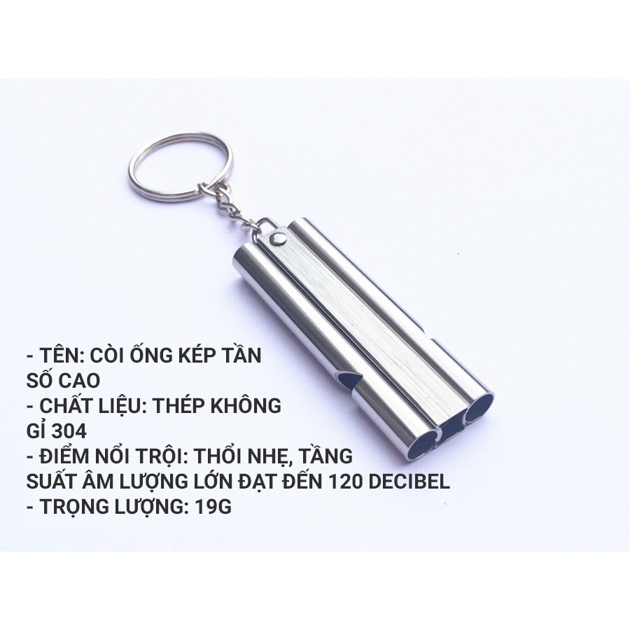 Móc khóa còi ống kép tần số cao inox 304 không gỉ dùng cho thể thao vận động