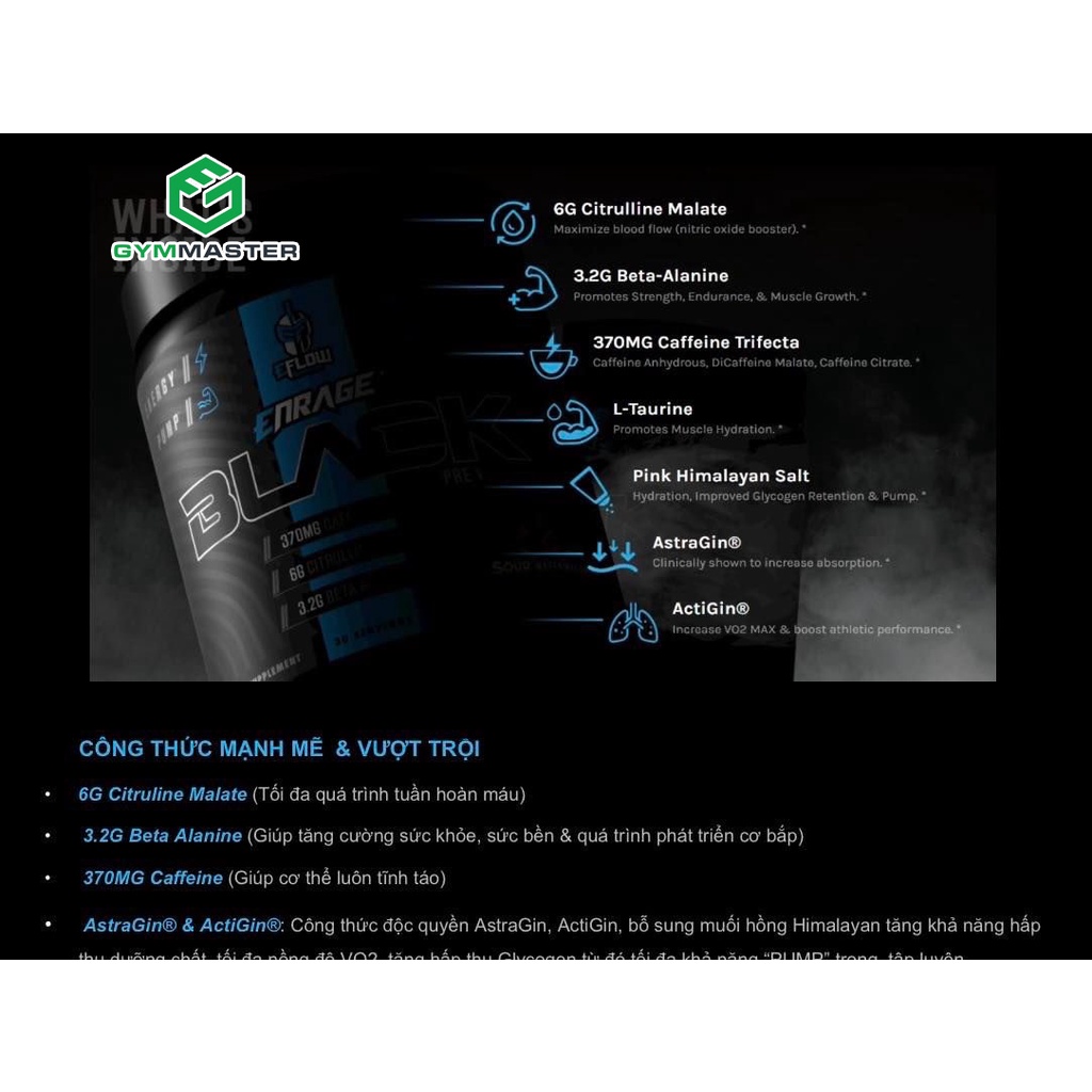 Tăng Sức Mạnh - Sức Khoẻ Cơ Bắp, Sức Bền Tập Luyện, Phát Triển Cơ Nhanh Enrage Black Preworkout 30-60 Lần Dùng