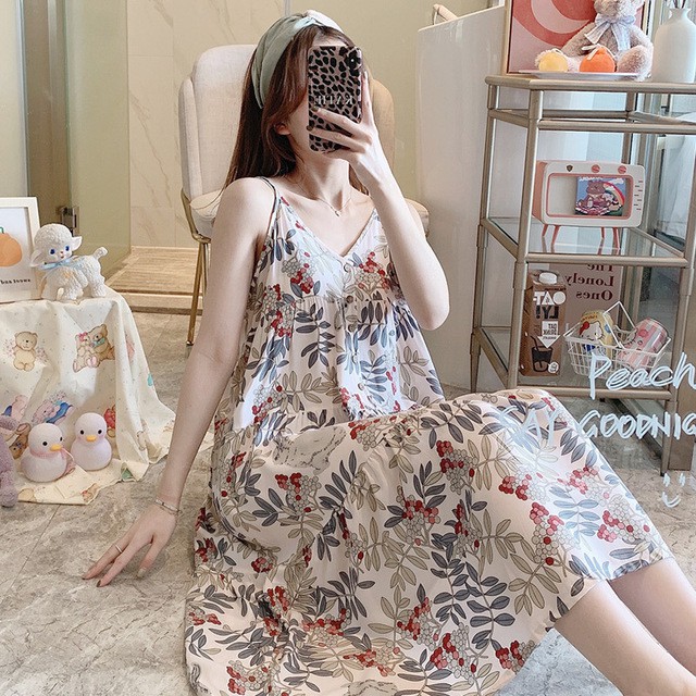 Váy/đầm nữ 2 dây vải lanh có cúc ngực, nhiều họa tiết dáng xòe hở lưng gợi cảm freesize 45 - 70kg