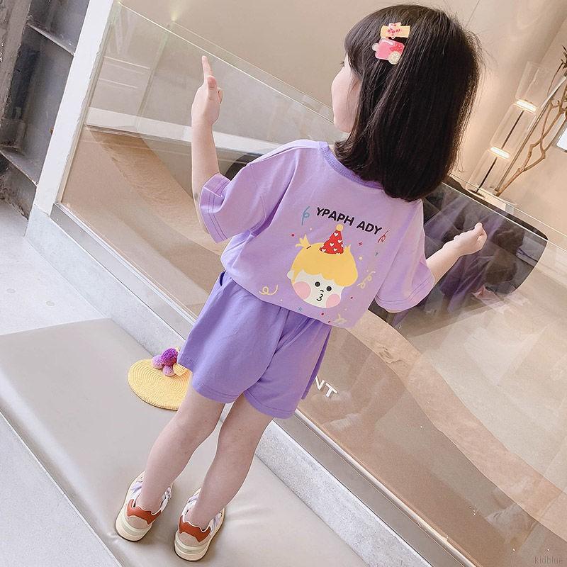 Set Áo Thun Tay Ngắn In Họa Tiết Hoạt Hình + Quần Short Phong Cách Hàn Quốc Cho Bé Gái