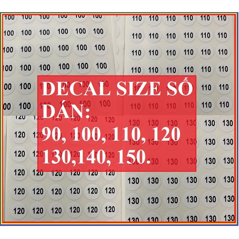 Tem size - Decal Size số dán quần áo 80, 90,100,110,120,130,140.