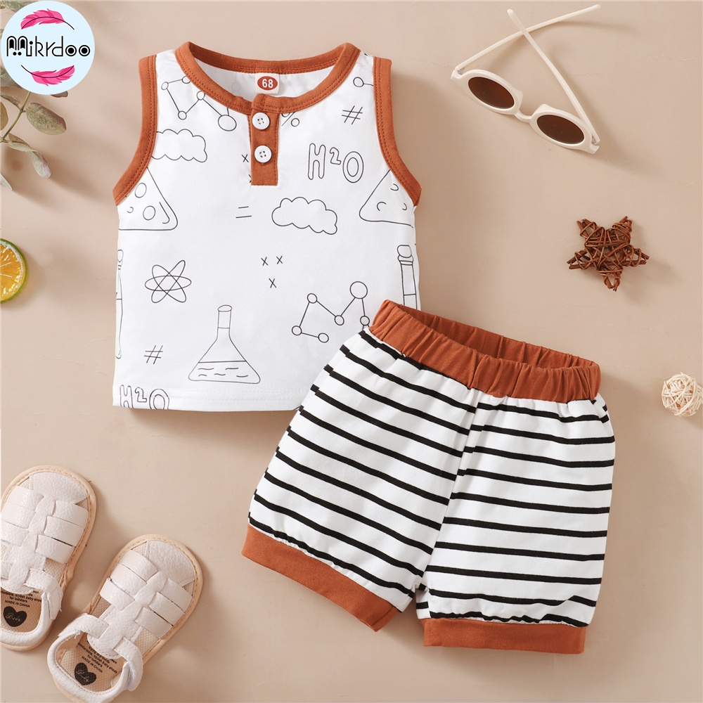 Set trang phục thể thao 2 mảnh MIKRDOO gồm áo không tay + quần short họa tiết kẻ sọc thời trang mùa hè cho bé trai