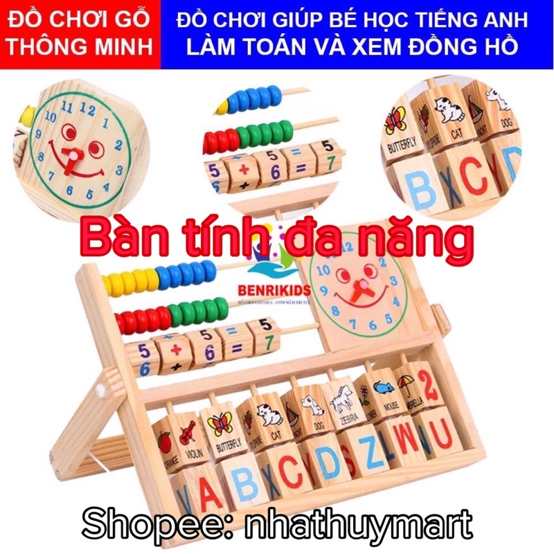 Đồ chơi gỗ bàn tính đa năng giúp bé học tiếng anh, làm toán, xem đồng hồ, phát triển trí tuệ cho bé