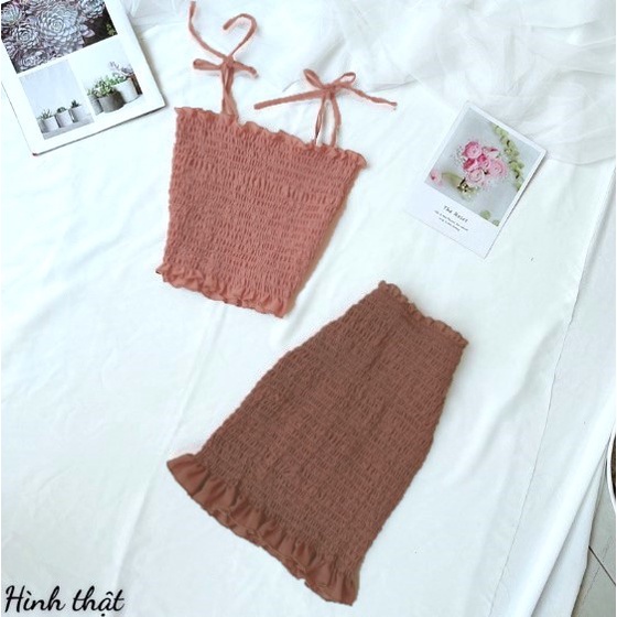 Sét bộ nữ áo nhún + chân váy nhún ôm body