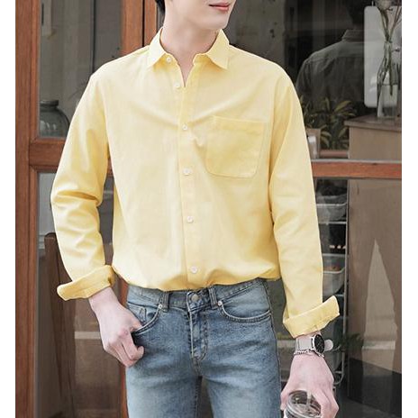 Áo sơ mi nam dài tay màu vàng vải cotton