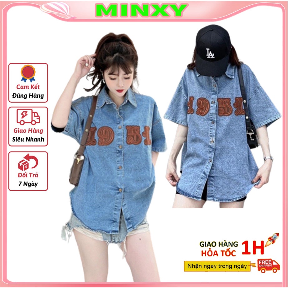 Áo sơ mi Jean thêu chữ cộc tay ao sm bò dày dặn from to rộng thoải mái-Minxy shop