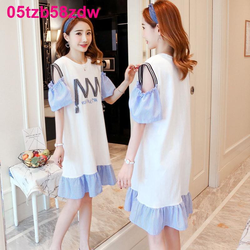 Váy bầu màu đỏ ròng mùa hè bà mới thời trang suông dài sọc cotton