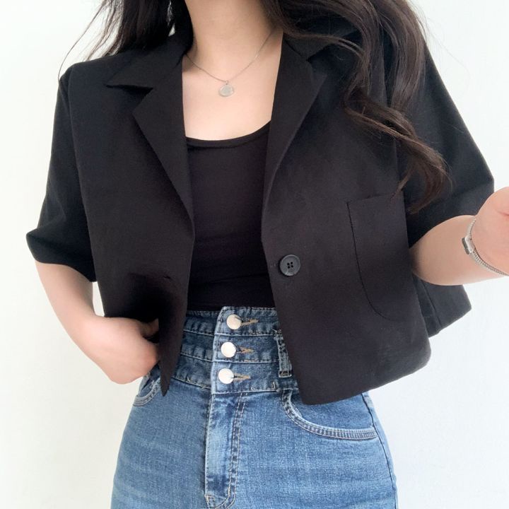 Áo khoác Blazer nữ 1 cúc Tay ngắn Thiết kế Hàn Quốc Blazer khoác lửng nữ Dáng ngắn Phong cách Retro Vintage Thời trang | BigBuy360 - bigbuy360.vn