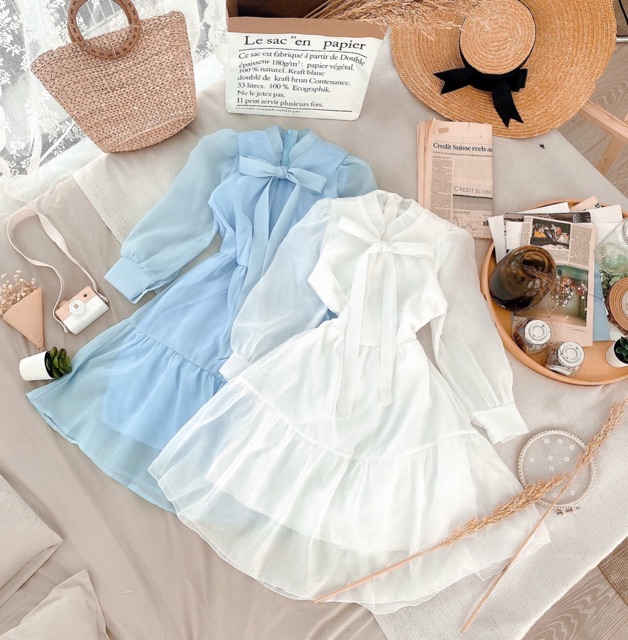 Đầm xoè cổ nơ dài tay xinh xắn 3 màu | BigBuy360 - bigbuy360.vn