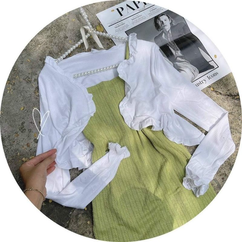 ĐẦM 2S BODY LEN XANH CHUỐI KÈM KHOÁC CROP TRẮNG
