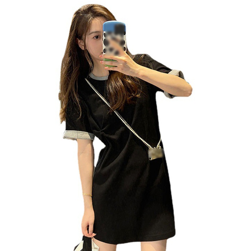 Đầm Mini Chữ A Cổ Tròn Tay Ngắn Màu Khối Xoắn Thắt Nút Ở Hông Cho Nữ