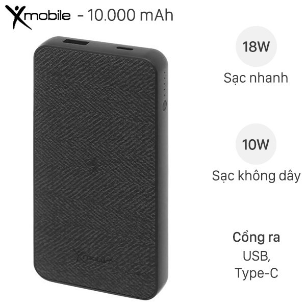 Pin sạc dự phòng Polymer 10.000mAh không dây Type C PD QC3.0 Xmobile PowerLite P106WD Đên