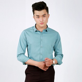 Áo sơ mi nam dài tay vải lụa trơn màu xanh bạc hà