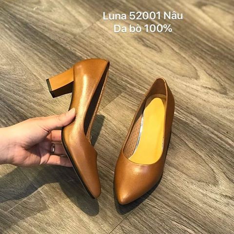 Giày cao gót nữ da bò thật cao 5p LUNASHOES 52001 giầy cho mẹ mềm êm chân guốc màu đỏ kem đen nâu trắng bảo hành 2 năm